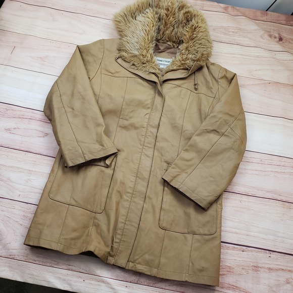 VINTAGE Fitzwright Jacket Womens Large Tan Leather Hooded Faux Fur Parka Coat - Picture 2 of 14